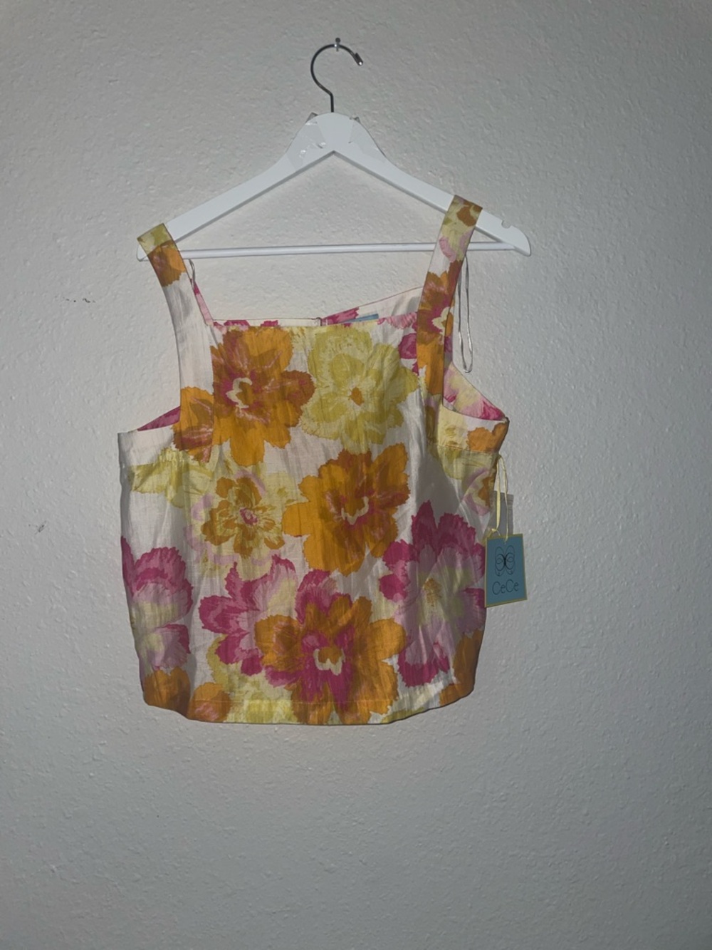 CeCe Floral Square-Neck Tank Top in White, Yellow & Pink